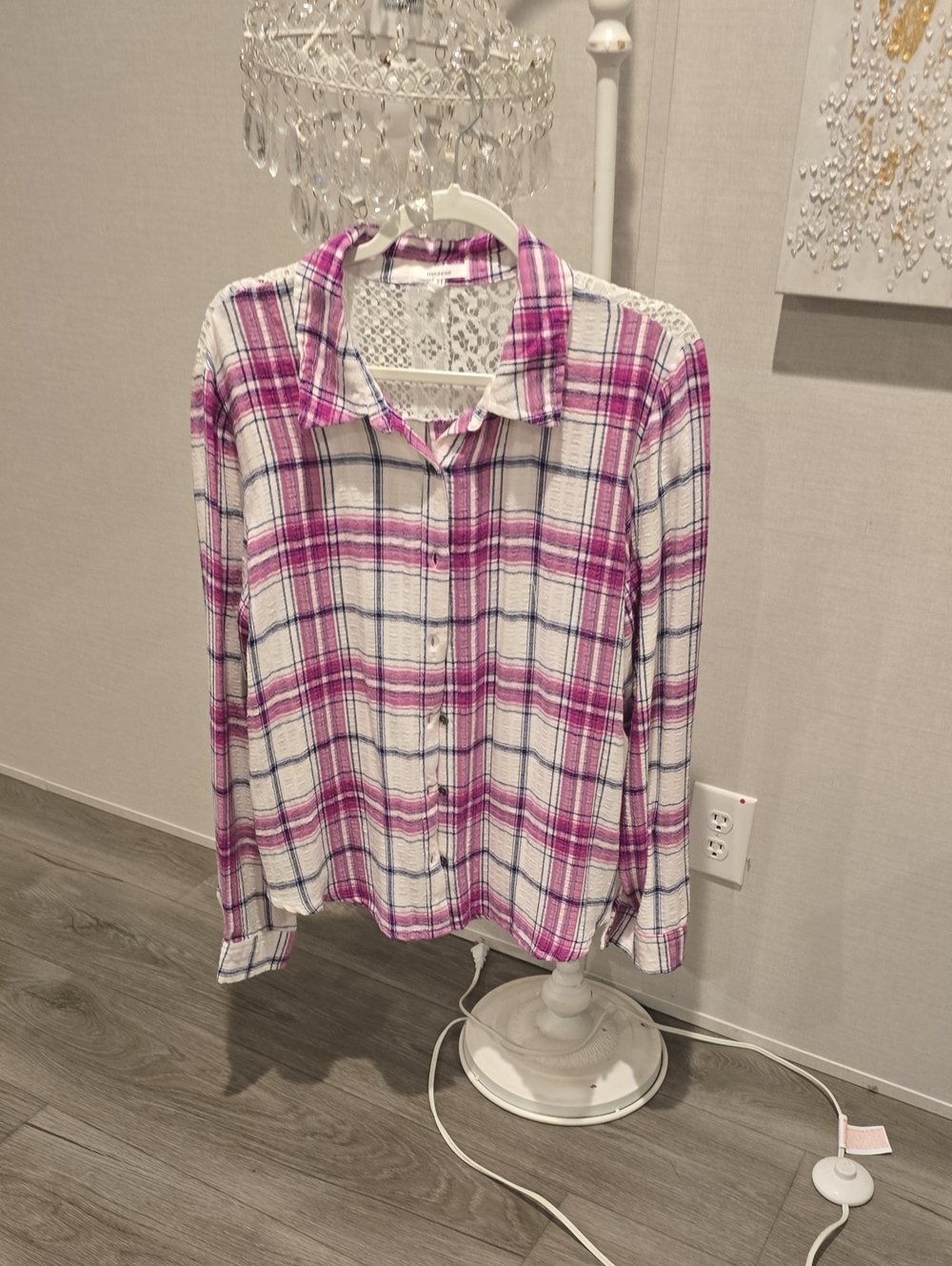 Maurices Pink and White Plaid Button-Down Shirt with Lace Back